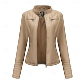 voordelige Imitatieleren jassen-Dames Jas van imitatieleer Comfortabel Zak Volledige ritssluiting Modieus Street Style Effen Buiten Casual / Dagelijks Normaal Opstaand Normale pasvorm Lange mouw bovenkleding Zwart Rood Kameel Lente