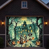 cheap Halloween Garage Door Cover-Halloween Garage Door Cover Dancing Skeletons and Pumpkins Banner, Large Tapestry Backdrop Decoration for Holiday Outdoor Garage Door and Home Wall, 2025 Halloween Decorations
