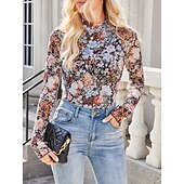 お買い得  フローラルTシャツ-女性用 ブラウス フラワー レオパード スタイリッシュ カジュアル 長袖 タートルネック レギュラートップス 日常 祝日 お出かけ プリント ブラック ピンク グリーン カーキ色 夏 春 秋