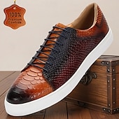 billiga Klassiska Klädskor-Herrsneakers i äkta läder med krokodilmönster – tonade orange snörskor för eleganta herrar, smart casual-looker och helgsammankomster