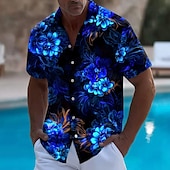 preiswerte Blumenmuster-Herren Blumendruck Neonleuchten Blumen Sommer Hawaiihemd Knopfhemd Alohahemd Kurzarm Hawaiianisch Urlaub Strandbekleidung Sommer Frühling Umlegekragen 3D-Druck Hemden mit Kragen Schwarz 1 Schwarz
