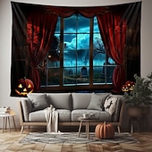 abordables halloween tentures murales-Tapisserie murale Halloween gothique avec vue de fenêtre – Scène de scène avec rideau rouge et nuit spooky éclairée par la lune toile de fond d&#039;horreur pour le salon la chambre la décoration de