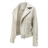 cheap Faux Leather Jackets-Women&#039;s Faux Leather Jacket Comfortable Full Zip Fashion Street Style Plain Outdoor Casual Daily Regular Turndown Regular Fit Long Sleeve Outerwear Black Red Green Spring Fall