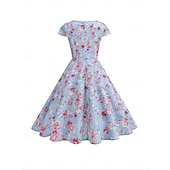 preiswerte Kleider-Retro Vintage 1950er Rockabilly Midlänge Swing-Kleid Ausgestelltes Kleid Kappe Blumen Frucht A-Linie Quadrathals Damen Karneval Urlaub Alltagskleidung Retro-Mottoparty Erwachsene Kleid Frühling
