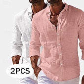 preiswerte Klassiker-Herren Hemd Leinenhemd Sommerhemd Strandbekleidung Knopfhemd Einfach Urlaub Lässig Weiss + Rosa Marineblau + Grau Grün+Khaki Blau+Marineblau Langarm Umlegekragen Sommer Frühling Bekleidung Rein