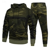 billige grunnleggende sweatsuits-Herre Hattetrøje Joggedress sweatsuit Militærgrønn Kakifarget Med hette Kamuflasje Farge 2 deler Sport &amp; Utendørs Daglig Ferie Polyester Gatemote Grunnleggende Fritid Vår Høst Klær Gensere Gensere