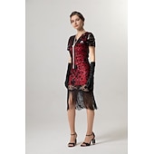 preiswerte Kleider-Retro Vintage Goldene Zwanziger 1920er Midlänge Flapper Kleid Cocktailkleid Der große Gatsby Flapper-Mädchen Pailletten Fransen V Ausschnitt Damen Weihnachten Halloween Karneval Hochzeit