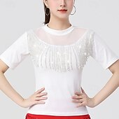 levne Oblečení na latinskoamerické tance-Latinské tance Vrchní deska Čistá Barva Barevně dělené Flitry Dámské Výkon Trénink Krátký rukáv Polyester