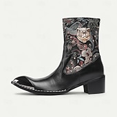 abordables Bottes en cuir haut de gamme-Bottes de motard western noires en cuir de vachette pour hommes avec broderie florale et bout en métal, style cowboy rétro pour la conduite à moto, les événements country et la mode festival