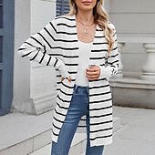 abordables Cardigans et vêtements d&#039;extérieur-Femmes Pull Cardigan Mode Streetwear Quotidien Rayé Côtelé Ouvert devant Tricoté manche longue Hauts Longs Tricoter Fête Sortir Week-end Blanc / Noir Noir Automne Hiver