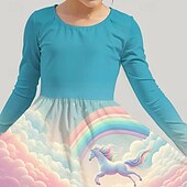 billige 3D Unicorn kjole-Jenter&#039; 3D enhjørning Kjole Langermet Sommer Vår Feriereise Daglig Ferie Prinsesse Vakker Søt Barn 4-12 år Uformell kjole Kjole med A-linje Knelang Normal