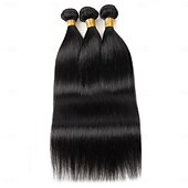 abordables 3 paquets extensions à fixation-Extensions de cheveux humains raides, lot de 3 mèches avec fermeture en dentelle 4x4, 25,4 à 71,1 cm, pour femmes noires