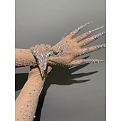 preiswerte Damenkostüme-Glitzernde Handschuhe mit Strasssteinen für Damen, lang, glitzernd, Netzstoff, durchsichtig, Ellenbogenlänge, Opernhandschuhe mit Nägeln, hautfarben, Einheitsgröße