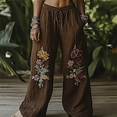 billiga breda ben och hög midja-Dam Brett skaft Byxor Palazzo byxor Mode Boho Fullängd Hög midja Blomma Elastisk midja Snörning Mönster Mateial som andas Bekväm Gata Dagliga kläder Utekväll Kaffe Vår Höst Normal