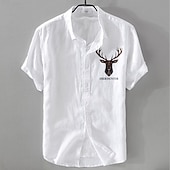 ieftine Business Casual-Bărbați Cămașă de in Cămașă casual Cămașă din bumbac și in Camașă cu nasturi Model cu animale Vacanță Purtare Zilnică Alb Albastru Marin Închis Albastru celest Kaki Manșon scurt Rever Toate Sezoanele