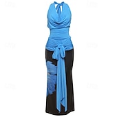 abordables Survêtements pour femmes-Femmes Élégant Vacances ancien Jupe Ensembles Sans manches Décolleté plongeant Fleuri Graphique À lacets Froncé Imprimé Vacances Soirée Sortir Bleu Été Coupe régulière