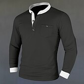 preiswerte Lässiges Henley-T-Shirt-Herren Henley Hemd T-Shirt T-Shirt aus Baumwollmischung Langarm Farbblock Einheitliche Farbe Mode Designer Basic Patchwork Stehkragen Henley Urlaub Straße Lässig Frühling &amp; Herbst Schwarz Marineblau