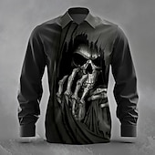 abordables Camisetas de Halloween-Hombre Cráneos Muerte Rasgado Camisa Abotonar la camisa Manga Larga Gótico punk oscuro Festivos Ropa de calle Verano Primavera Cuello Vuelto Impresión 3D camisas con cuello Negro 1 Negro 3 Negro
