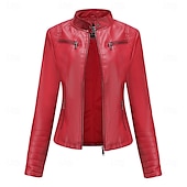 voordelige Imitatieleren jassen-Dames Jas van imitatieleer Comfortabel Zak Volledige ritssluiting Modieus Street Style Effen Buiten Casual / Dagelijks Normaal Opstaand Normale pasvorm Lange mouw bovenkleding Zwart Rood Kameel Lente