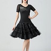 お買い得  ラテンダンスウェア-ラテンダンス スカート ピュアカラー スプライシング スパンコール 女性用 性能 訓練 半袖 ハイウエスト ポリエステル