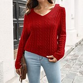 cheap Solid Colors-Women&#039;s Pullover Casual Solid Color Chunky V Neck Knitted Long Sleeve Regular Tops Knit Daily Holiday Going out Red Blue Fall Winter