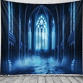 preiswerte Halloween-Wandteppiche-Halloween hängender Wandteppich Schlossfensteransicht Fotografien Hintergrund Jack O Lantern Wandkunst großes Wandteppich Wandbild Dekovorhang Zuhause Schlafzimmer Wohnzimmer Dekoration Tod Selfie