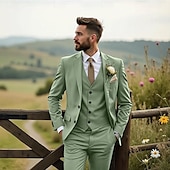 abordables Costumes de mariage-Costumes de mariage pour hommes Affaires Noire Sauge Mode Formelle Été Couleur unie Coupe standard 3 pièces Simple bouton Deux boutons