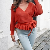 Női Pulóver Alkalmi Tömör szín Vaskos V-alakú Kötött Hosszú ujj Crop Tops Kötött Napi Szabadság Alkalmi Sárga Rubin Ősz Tél olcso Szilárd színek-Női Pulóver Alkalmi Tömör szín Vaskos V-alakú Kötött Hosszú ujj Crop Tops Kötött Napi Szabadság Alkalmi Sárga Rubin Ősz Tél