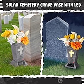 cheap Halloween-Solar Cemetery Grave Vase with LED for Fresh Artificial Flowers Headstones Vases with Spikes Grave Decorations for Cemetery Grave Markers Decor Halloween Christmas Decoration Memorial Gifts