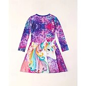 preiswerte 3D Einhorn Kleid-Mädchen&#039; 3D Einhorn Kleid Langarm Sommer Frühling Urlaub Täglich Ferien Prinzessin Schön Süß Kinder 4-12 Jahre Freizeitkleid A Linie Kleid Knielang Normale Passform