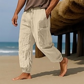 cheap Holiday-Men&#039;s Linen Pants Trousers Summer Pants Baggy Pants Elastic Cuff Solid Color Plain Comfort Breathable Full Length Casual Daily Holiday Vacation Fashion Black White Micro-elastic