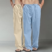 baratos Clássico-Homens Calças de linho Calças Calça verão Calças largas Calças de praia Bolsos Com Cordão Perna reta Tecido Conforto Respirável Comprimento total Diário Streetwear Moda Casual / esportivo Preto