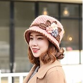 お買い得  帽子-ヴィンテージフラワークロシェバケットハット、厚手防寒ベイスンハット、暖かいフィッシャーマンキャップ、女性用、日常使い、秋 &amp; 冬