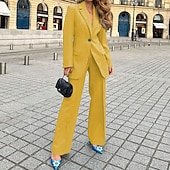 abordables Ensembles chemisiers pour femmes-Femmes Actif Mode Chemisier Blazer Ensembles de Pantalons manche longue Col de chemise Couleur Unie Bureau Travail Sortir Jaune Rouge Bleu Automne Coupe régulière