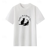 economico Maglietta Animali-Maglietta da donna in 100% cotone con stampa di animali, gatti e lettere, elegante, basic, moderna, a maniche corte, girocollo, regular, per tutti i giorni, sportiva, per uscire, nera e bianca,