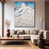 abordables Peintures paysages-Peinture à l&#039;huile texturée 3D faite à la main représentant un ski de montagne avec cadre de galerie - coups de pinceau impasto audacieux dans des teintes hivernales vibrantes skieurs dynamiques sur