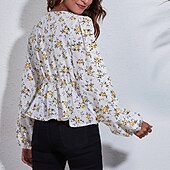 voordelige Bloemen tops-Dames Zomer tops Bloemig Dagelijks Stijlvol Basic Lange mouw Lantaarn mouw V-hals Normale tops Werk Dagelijks Feestdagen Afdrukken Wit Zomer Lente