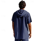 cheap Vacation-Men&#039;s Shirt Linen Shirt Popover Shirt Casual Shirt Cotton Shirt Plain Vacation Street Black White Navy Blue Brown Short Sleeve Hooded Summer Clothing Apparel Lace up