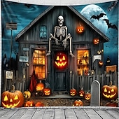 halpa halloween seinävaatteita-Halloween-kummitustalon seinävaate – Luuranko ja hohtava Jack-o&#039;-lantern-portaikkokohtaus pelottava yötaivas goottilainen tausta 2025 Halloween-olohuoneeseen makuuhuoneeseen juhlakoristeeksi
