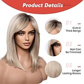 abordables Pelucas sintéticas de moda-Peluca rubia corta con flequillo, estilo bob ombré, de 14 pulgadas, recta, con flequillo, para mujer, de aspecto natural, sintética, resistente al calor, para uso diario.