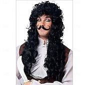 preiswerte Historische Perücken-Piratenkapitän Herrenperücke Cos langes lockiges Haar Clown schwarz Halloween Punkrock Kopfbedeckung