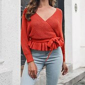 Női Pulóver Alkalmi Tömör szín Vaskos V-alakú Kötött Hosszú ujj Crop Tops Kötött Napi Szabadság Alkalmi Sárga Rubin Ősz Tél olcso Szilárd színek-Női Pulóver Alkalmi Tömör szín Vaskos V-alakú Kötött Hosszú ujj Crop Tops Kötött Napi Szabadság Alkalmi Sárga Rubin Ősz Tél