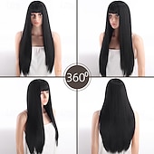 baratos Perucas de festa-Black Long Straight Wig for Women – Realistic Scalp, Full Head Cap, Lolita &amp; JK Style, Perfect for Halloween Cosplay, Manga Characters, and Everyday Wear