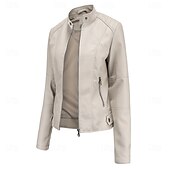 cheap Faux Leather Jackets-Women&#039;s Faux Leather Jacket Comfortable Pocket Full Zip Fashion Street Style Plain Outdoor Casual Daily Regular Stand Collar Regular Fit Long Sleeve Outerwear Black Red Camel Spring Fall