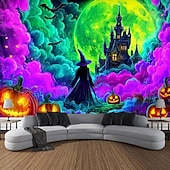 cheap Halloween Garage Door Cover-Halloween Blacklight Tapestry Witch Castle UV Reactive Glow in the Dark Forest Trippy Mountain Misty Graveyard Ghost Hanging Tapestry Wall Art Mural for Living Room Bedroom