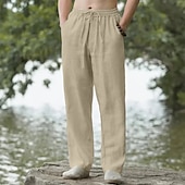 baratos Feriado-Homens Calças de linho Calças Calça verão Calças largas Cintura elástica Com Cordão Perna reta Tecido Conforto Respirável Comprimento total Ao ar livre Casual Diário Moda Estilo Clássico Preto Branco