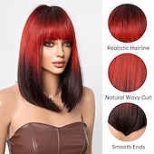 economico Parrucche da festa-Parrucche bob nere e rosse con frangia, parrucche corte rosse e nere per donne nere, parrucca sintetica da 16 pollici, parrucche per cosplay, parrucche per feste di Halloween.