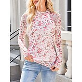 お買い得  フローラルTシャツ-女性用 ブラウス フラワー レオパード スタイリッシュ カジュアル 長袖 タートルネック レギュラートップス 日常 祝日 お出かけ プリント ブラック ピンク グリーン カーキ色 夏 春 秋