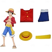 billiga Animekostymer-One Piece Monkey D. Luffy Solguden Luffy Animé Byxa Hattar Kläder Cosplay-kostymer Halloween Karnival Prestanda Topp Byxor Skärp Till Herr Pojkar Barn Vuxna
