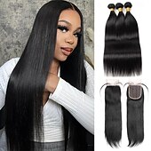 abordables 3 paquets extensions à fixation-Extensions de cheveux humains raides, lot de 3 mèches avec fermeture en dentelle 4x4, 25,4 à 71,1 cm, pour femmes noires